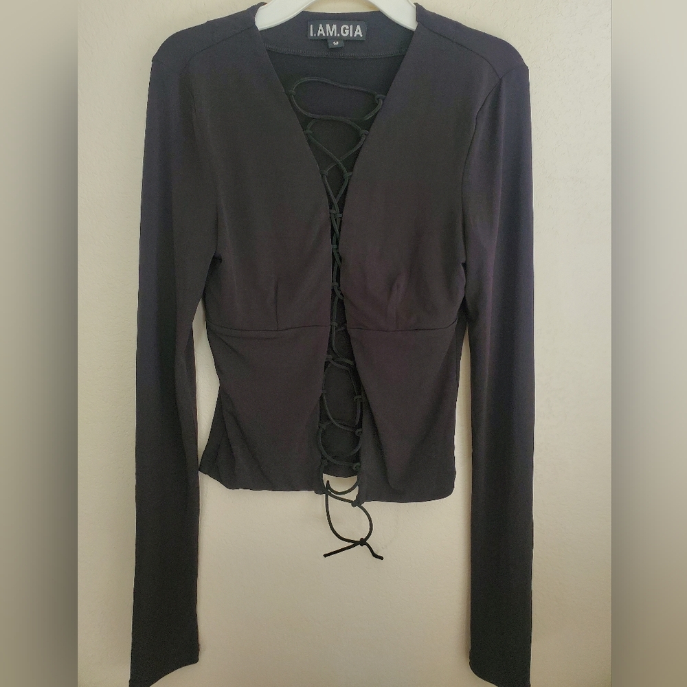 I.AM.GIA Plunge Lace-Up Sexy Black Long Sleeve Top Women's Size Medium